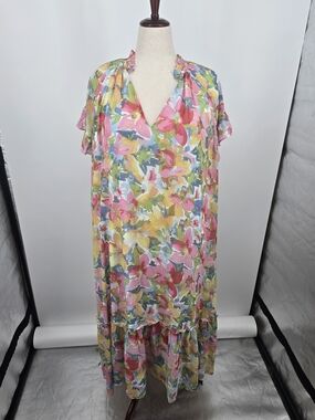 Lucy Paris Watercolors Floral V-Neck Ruffle Maxi Dress Large (7055)